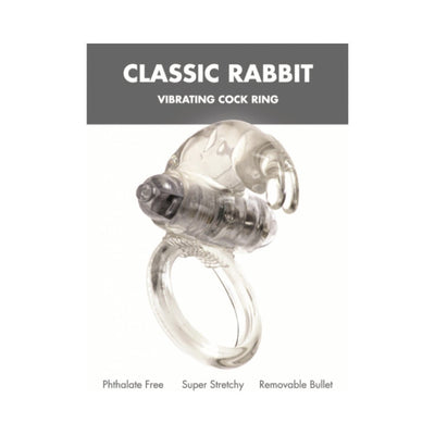 Clear Classic Rabbit vibrating cock ring with removable bullet and stretchy design for enhanced pleasure.