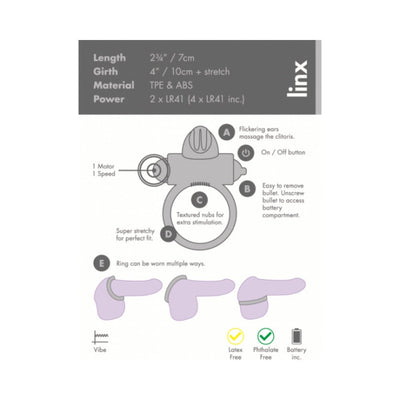 Diagram of Classic Rabbit Cock Ring features with dimensions, materials, usage instructions, and benefits icons.
