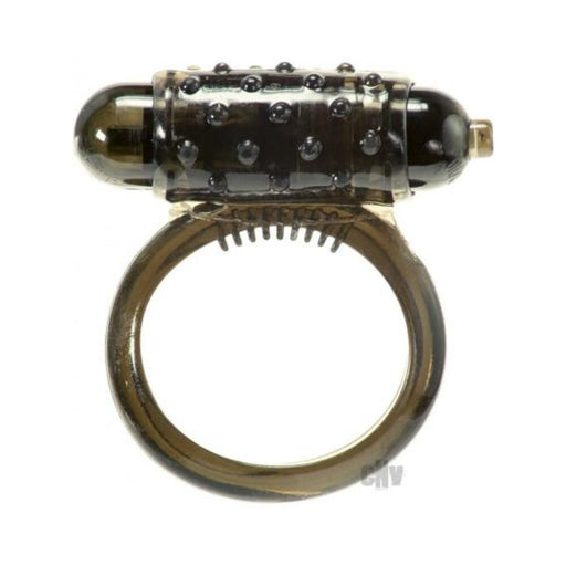 Classic smoke-colored stretchy cock ring with textured surface and attached vibrating bullet for enhanced stimulation.