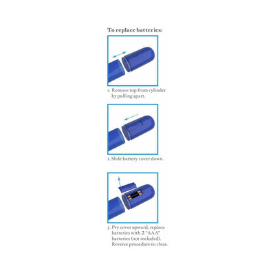 Step-by-step illustrated guide showing how to replace batteries in a blue cylindrical device with AAA batteries.