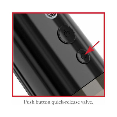Close-up of black Classix Auto Vac Power Pump showing power button and quick-release valve button with red arrow indicator.