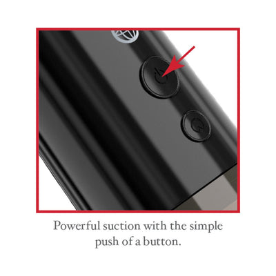 Close-up of black power pump control panel with two buttons, highlighting the power button with a red arrow.