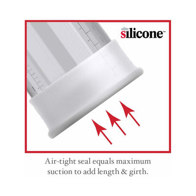 Close-up of white silicone air-tight seal on clear vacuum cylinder with red arrows highlighting suction feature for length and girth enhancement.