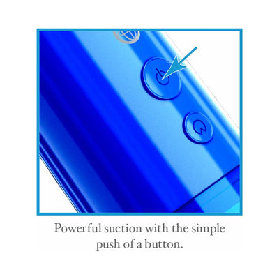 Close-up of Classix Auto Vac Power Pump control panel showing power and release buttons in blue lighting.