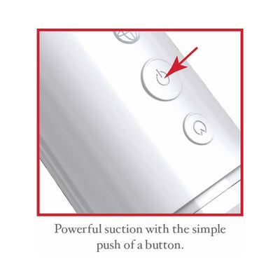 Close-up of the Classix Auto Vac Power Pump white control panel highlighting the power button with a red arrow.