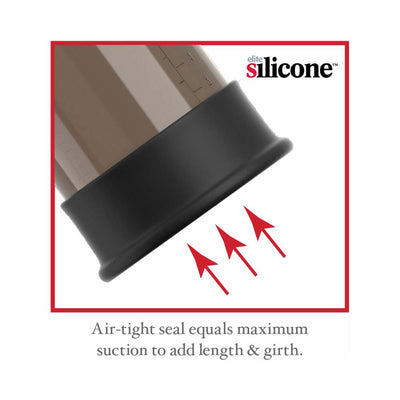 Close-up of black silicone air-tight seal on clear vacuum cylinder with red arrows highlighting suction feature.