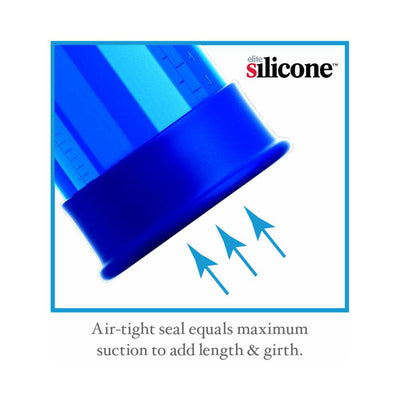 Close-up of a blue silicone air-tight seal on a clear vacuum cylinder illustrating suction for length and girth enhancement.