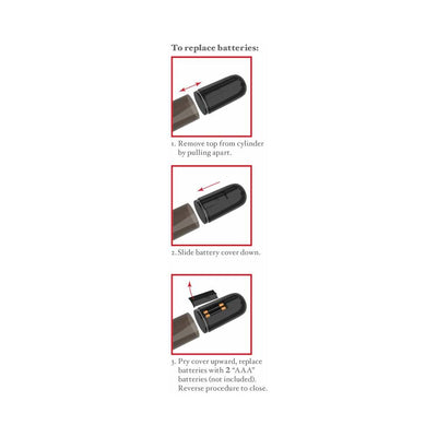 Step-by-step illustrated guide showing how to remove and replace batteries in a cylindrical device with a sliding cover.