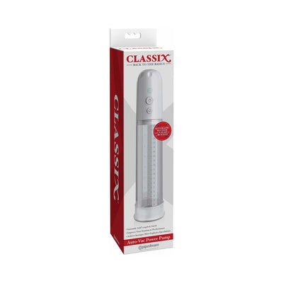 Classix Auto Vac Power Pump in white with clear vacuum cylinder and control buttons in retail packaging.