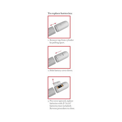 Step-by-step illustrated guide showing how to replace batteries in the Classix Auto Vac Power Pump cylinder.