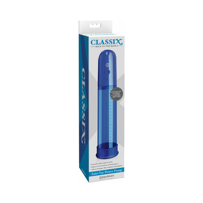 Classix Auto Vac Power Pump in blue packaging with clear vacuum cylinder and control buttons visible on box design.