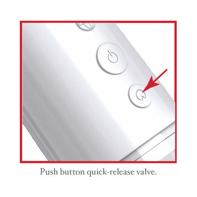 Close-up of Classix Auto Vac Power Pump white control panel showing quick-release valve button with red arrow indicator.