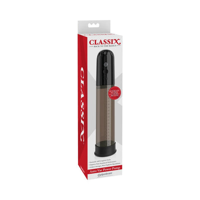 Classix Auto Vac Power Pump in white and black packaging with clear vacuum cylinder and control buttons visible