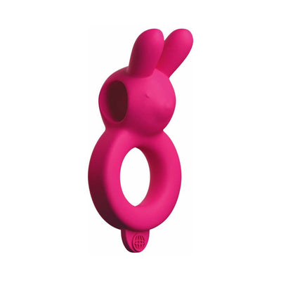 Pink silicone vibrating ring with dual bunny ears for couples, designed for enhanced pleasure and comfort.
