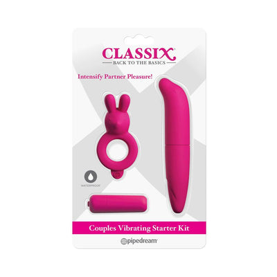 Pink Classix Couples Vibrating Starter Kit with mini bullet, rabbit-shaped vibrating ring, and curved G-spot stimulator in packaging.
