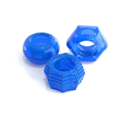 Set of three blue flexible cock rings in different shapes and textures on a white background.