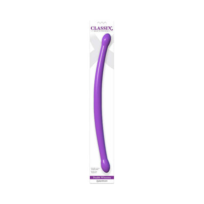 Purple flexible double-ended dildo in clear packaging labeled Classix Double Whammy by Pipedream