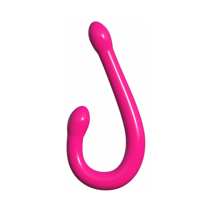 Bright pink flexible double-ended silicone dildo with smooth rounded tips, designed for versatile pleasure.