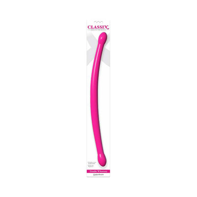 Pink flexible double-ended dildo in clear retail packaging labeled Classix Double Whammy by Pipedream