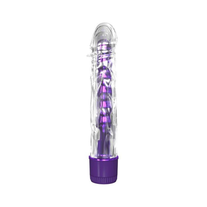Clear textured sleeve over a purple multi-speed vibrator with a twist design and a purple control base.