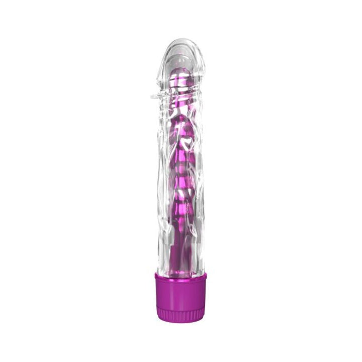 Clear textured sleeve vibrator with metallic purple inner vibe and purple control base on white background