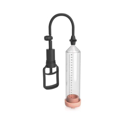 Clear vacuum pump with flexible hose, black hand pump, and soft pink base sleeve for comfortable use.