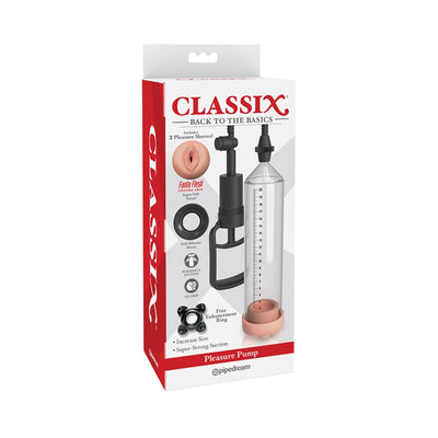 Classix Pleasure Pump packaging showing clear vacuum cylinder, EZ-grip pump, and included soft silicone sleeves and enhancement ring.