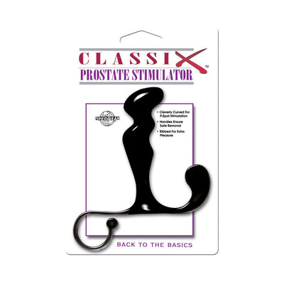 Black Classix prostate stimulator with curved design and handles, displayed on white retail packaging.