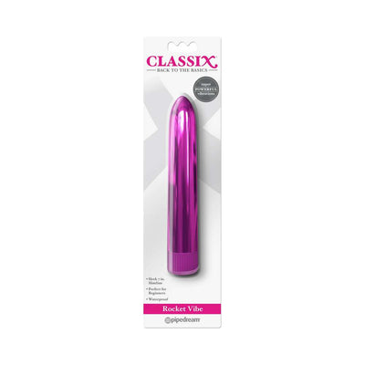 Classix Rocket Vibe 7-inch slim metallic pink vibrator in retail packaging with waterproof and beginner-friendly features.