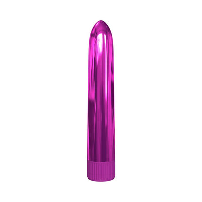 Slim 7-inch metallic pink vibrator with smooth, tapered tip and twist-dial base for adjustable multispeed control.