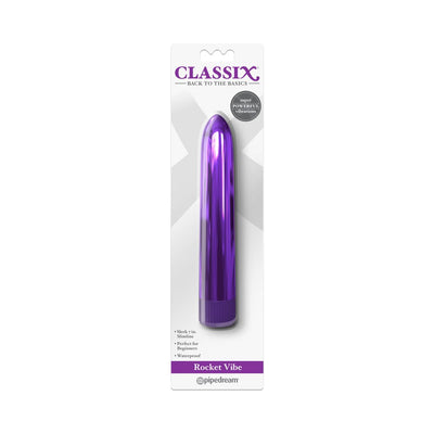 Purple metallic 7-inch slimline Classix Rocket Vibe in clear retail packaging by Pipedream.