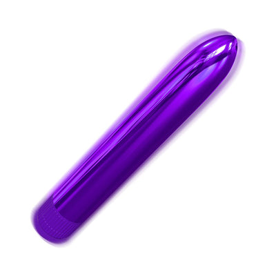 Slimline 7-inch metallic purple vibrator with smooth surface and twist-dial base control on white background.