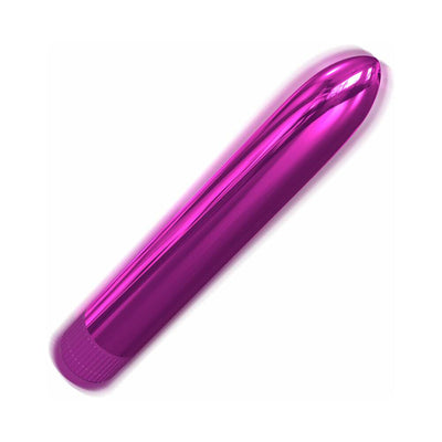 Slim, 7-inch metallic purple vibrator with smooth, tapered tip and twist-dial base for adjustable multispeed control.