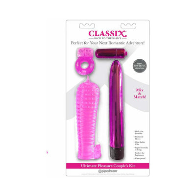 Classix Ultimate Pleasure Couples Kit in purple with multi-speed vibrator, textured sleeve, mini bullet, and stretchy C-ring in retail packaging.