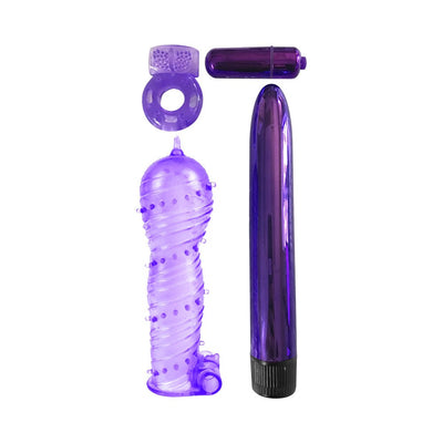 Purple couples pleasure kit with multi-speed vibrator, textured sleeve, vibrating bullet, and versatile C-ring.