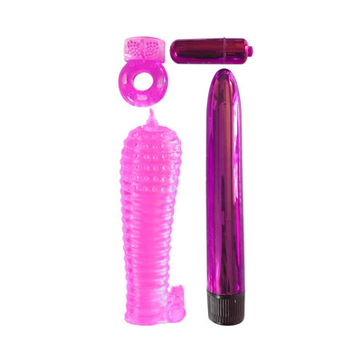Purple multi-speed vibrator with textured sleeve, vibrating bullet, and versatile C-ring for couples play kit.