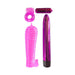 Purple multi-speed vibrator with textured sleeve, vibrating bullet, and versatile C-ring for couples play kit.
