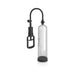Clear cylinder penis enlargement pump with black silicone base, flexible hose, and hand-held vacuum pump handle.