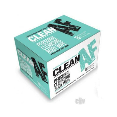 Box of Clean AF Personal Cleansing Body Wipes with 16 individually wrapped, soothing aloe and chamomile wipes for him or her.