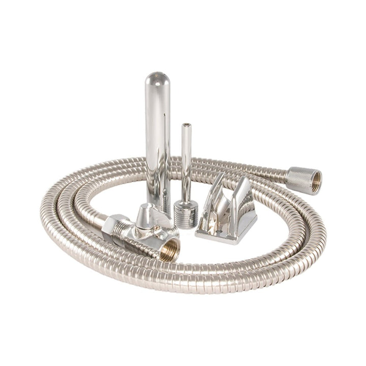 Stainless steel shower bidet kit with 6 ft hose, two interchangeable spray heads, valve, and wall mount bracket.