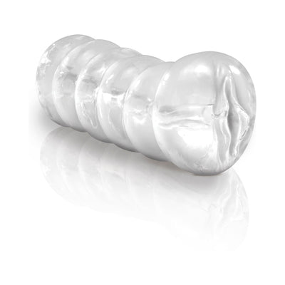 Transparent ribbed handheld male stroker with a realistic textured opening and smooth finish.