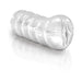 Transparent ribbed handheld male stroker with a realistic textured opening and smooth finish.
