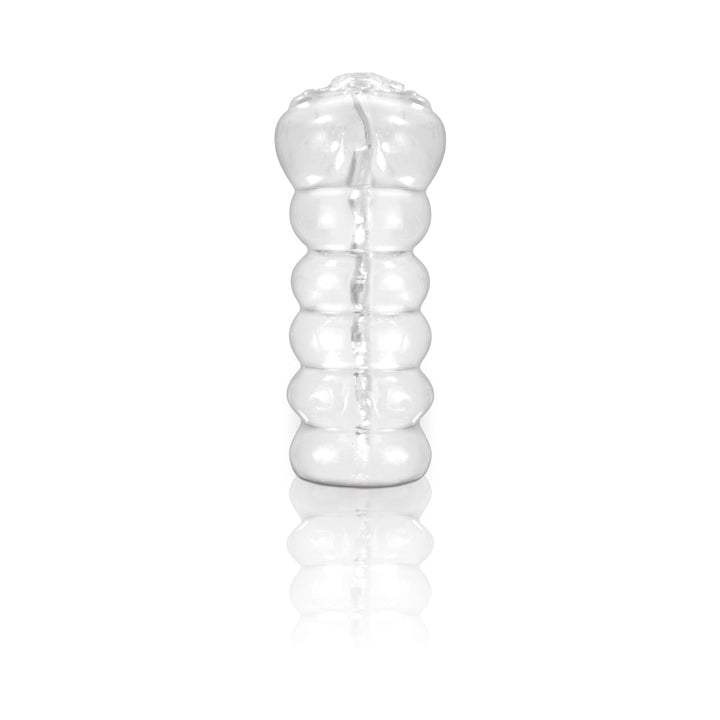 Transparent textured Clear Leader Snatch handheld male stroker with ribbed design and reflective surface on white background.