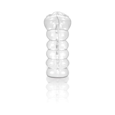 Transparent textured Clear Leader Snatch handheld male stroker with ribbed design and reflective surface on white background.
