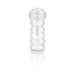 Transparent textured Clear Leader Snatch handheld male stroker with ribbed design and reflective surface on white background.
