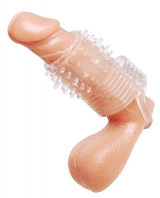 Clear textured vibrating sleeve with stretchy retention strap designed for enhanced stimulation and secure fit.