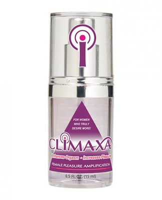Climaxa Stimulating Gel in a clear 0.5 oz pump bottle with purple and white labeling for female pleasure amplification.