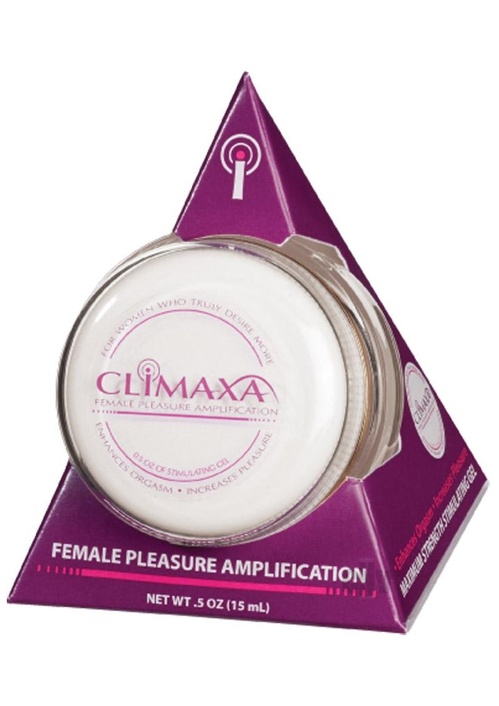 Climaxa stimulating gel in a 0.5oz jar with purple triangular packaging for female pleasure amplification.