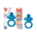 Blue stretchy vibrating cock ring with mini rabbit ears for clitoral stimulation shown with packaging.