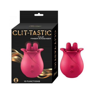 Pink tulip-shaped finger massager with textured tips shown next to its black and gold Clit-Tastic branded packaging.